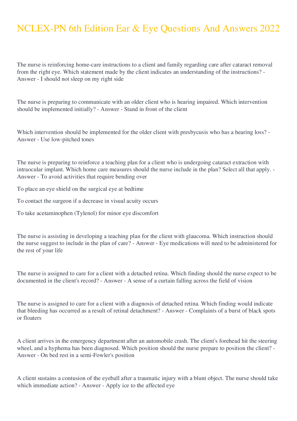 Preview image for NCLEX-PN 6th Edition Ear & Eye Questions And Answers 2022
